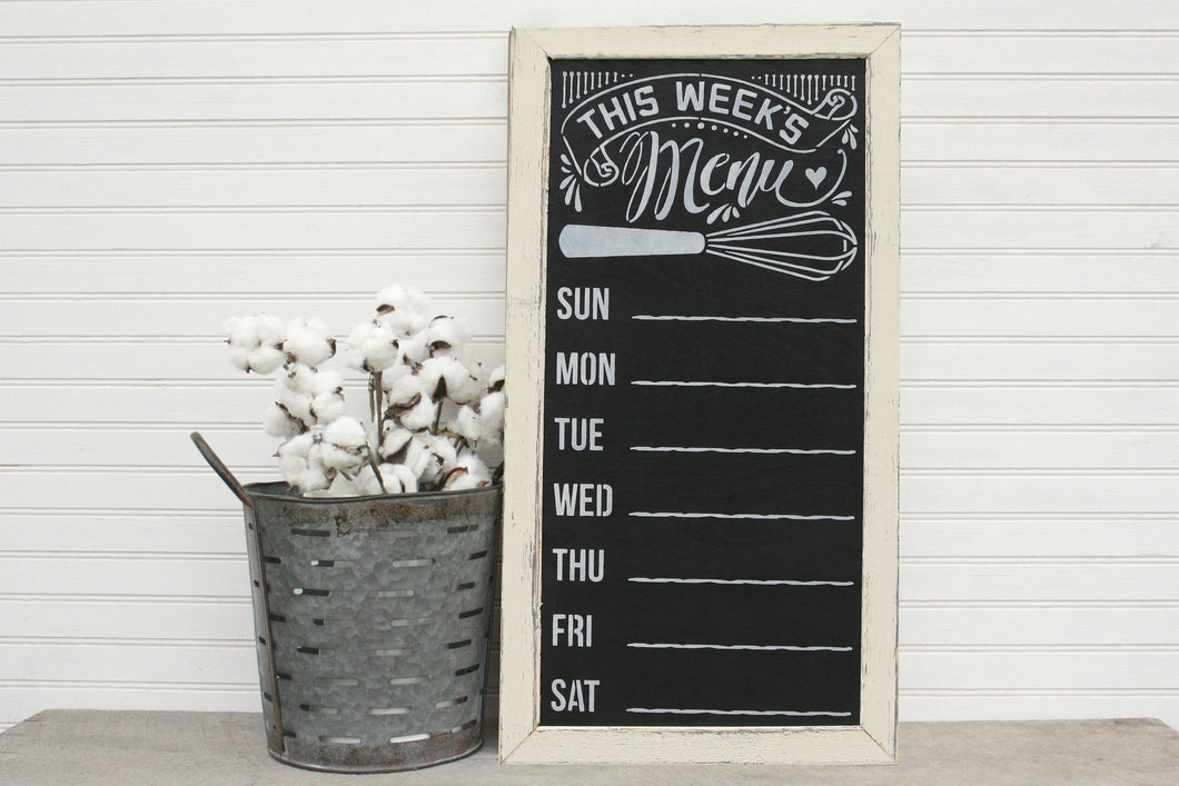 Rustic Kitchen Sign, Chalkboard Menu, Weekly Meal Planner, White, Framed Chalkboard