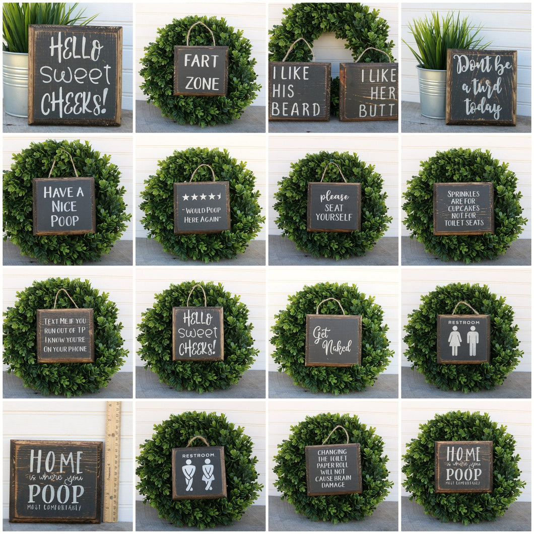 Small Funny Bathroom Signs Collection, Farmhouse Rustic Restroom Wood Wall Decor