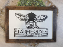Load image into Gallery viewer, Farmhouse Greetings Framed Wood Cow Sign
